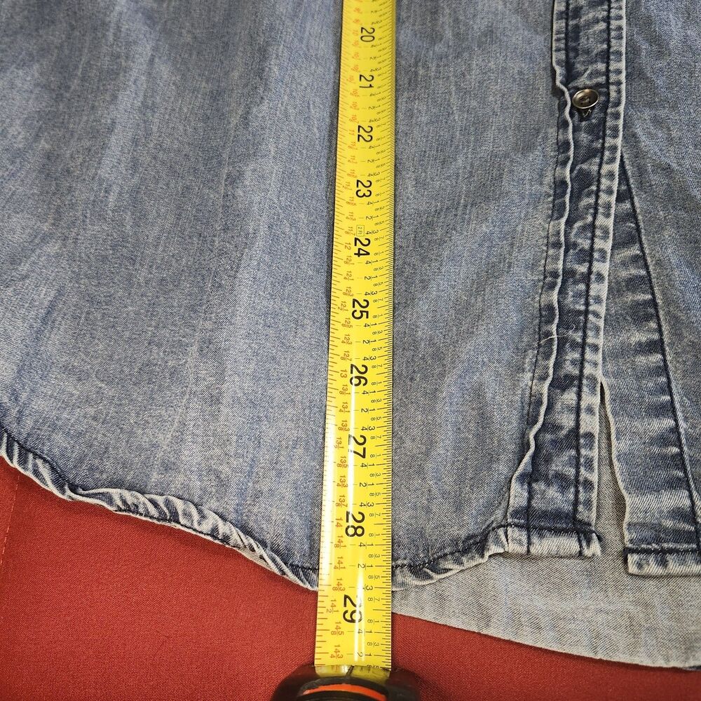 Love Fire Denim Shirt 0X Lyocell Button Down Rhinestone Shoulder Roll Tab READ - Picture 9 of 14
